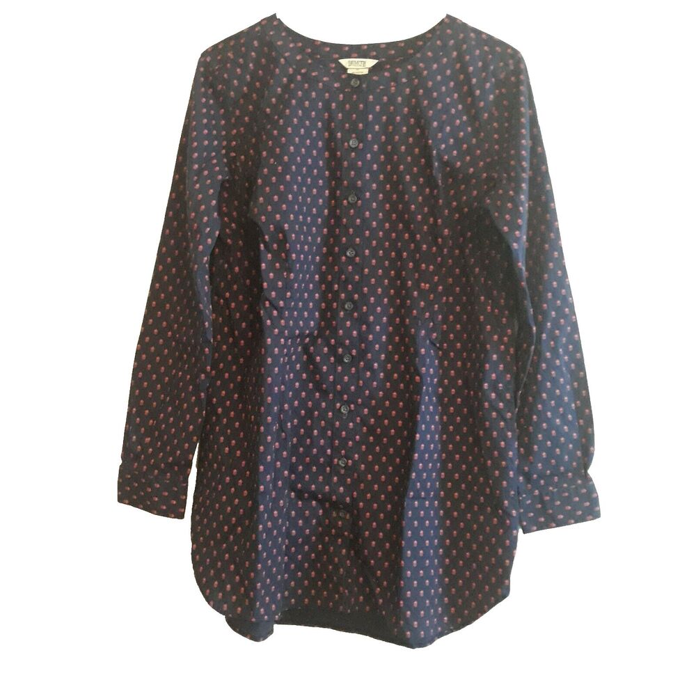 Duluth Trading Button Up Tunic Women Med. Navy Blue Pink Pineapple Print